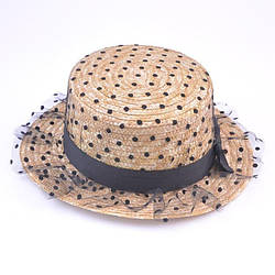 Річна капелюх жіночий з плетеної соломи з чорною сіткою в горошок зверху 8307322