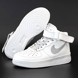 Чоловічі кросівки Nike Air Force 1 High White рефлективні білі шкіряні осінь весна. Живе фото. топ