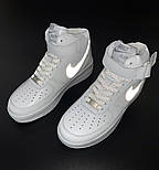 Чоловічі кросівки Nike Air Force 1 High White рефлективні білі шкіряні осінь весна. Живе фото. топ, фото 3