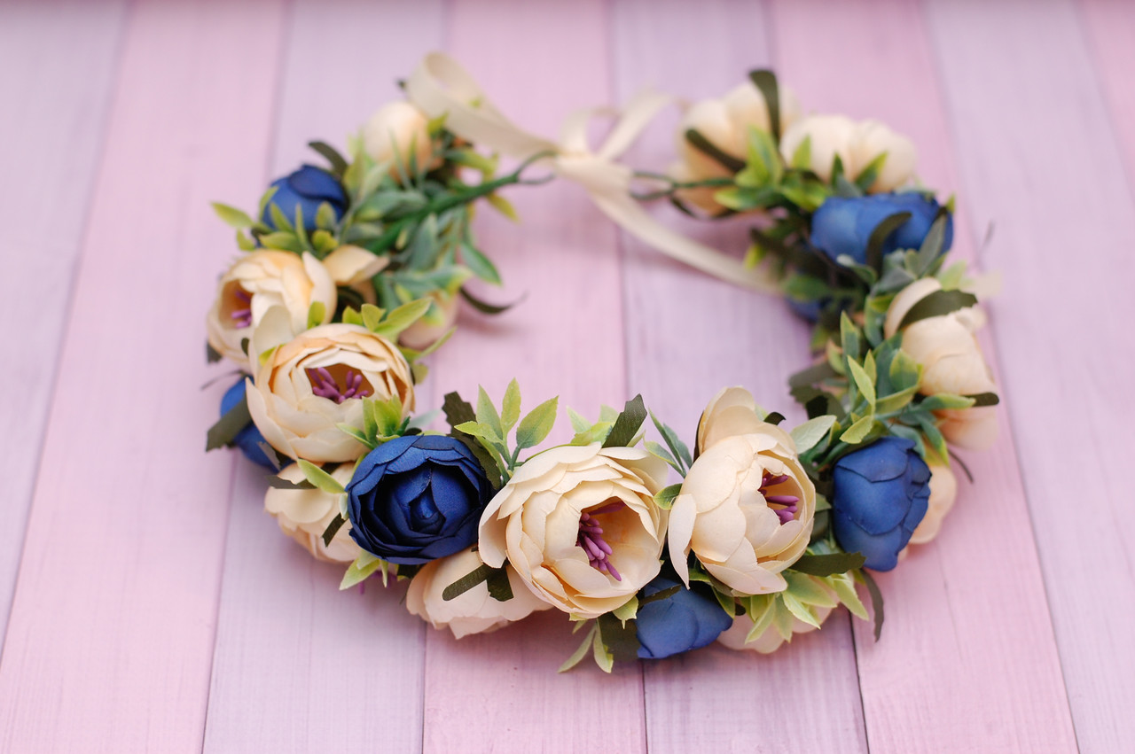 Вінок для волосся Об'ємний / пишний віночок на голову з квітами півоніями пудровий синій, фото 1