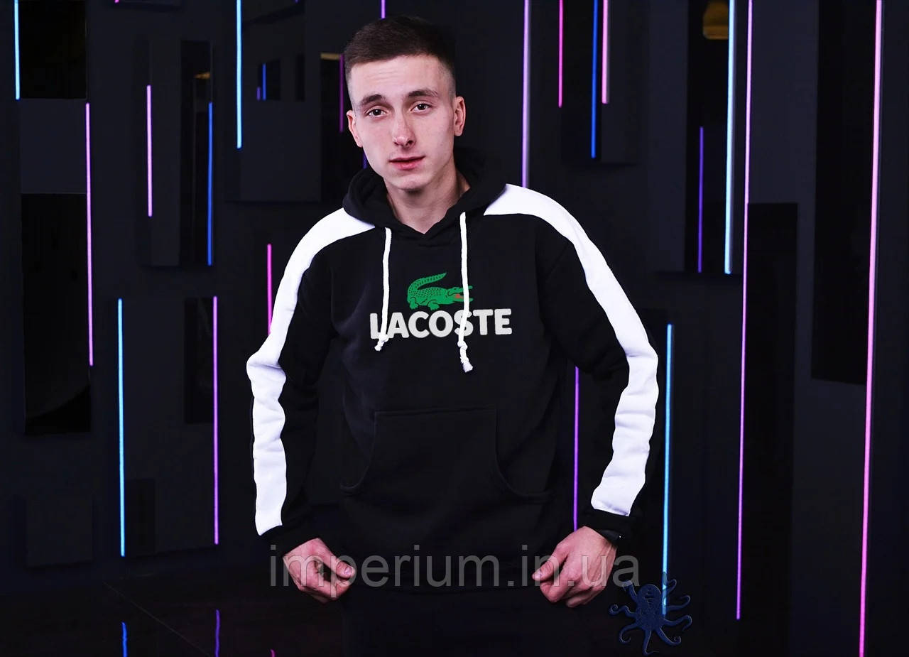 Чорне худі з логотипом Lacoste | толстовка з білими лампасами