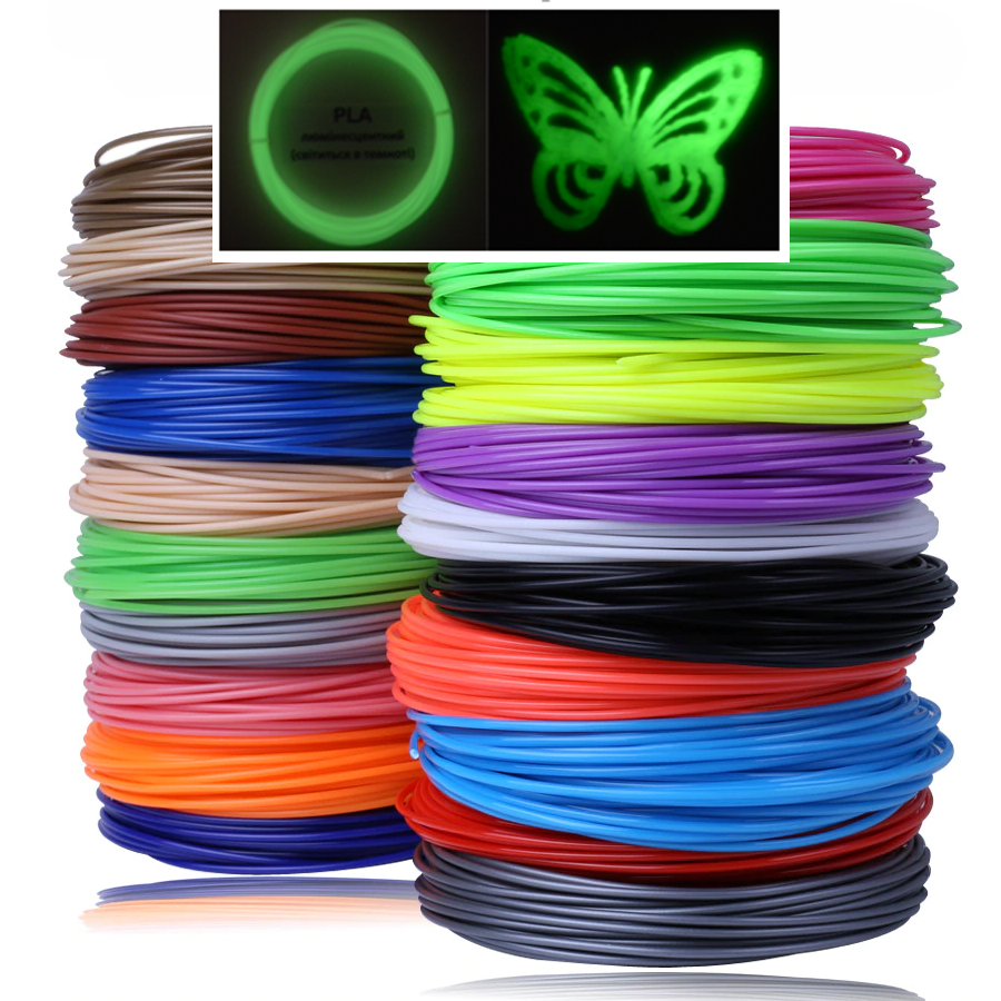Набор 20 цветов PLA 200м. пластика для 3D ручки ПЛА светящийся - фото 1 - id-p1359314803