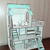 Дерев'яний дитячий ляльковий самозбірний будиночок для ляльок, 5 кімнат, з меблями, з терасою та сходами, з хдф