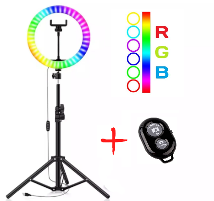 Хіт продаж! Набір для блогера 3в1: кільцева лампа 33см RGB MJ33 + Телескопічний штатив-стійка, 200см +, фото 1