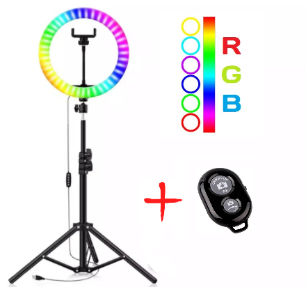 Хіт продаж! Набір для блогера 3в1: кільцева лампа 33см RGB MJ33 + Телескопічний штатив-стійка, 200см +, фото 2