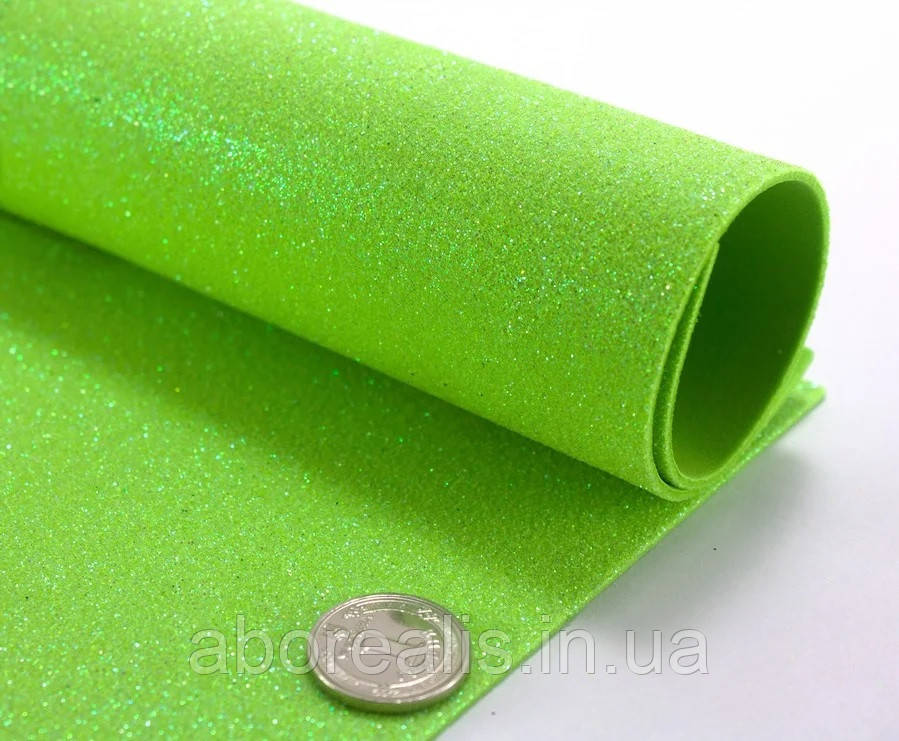 Фоамиран салатовий із зеленим глітером, без к/о, 1,6 мм. 20*30 см, фото 1