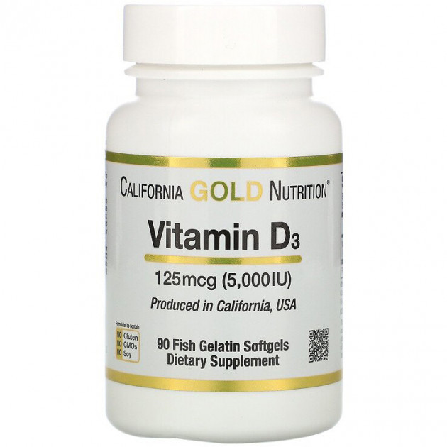Вітамін D3 California Gold Nutrition Vitamin D3 5000 UI 90 капс. (терміни по 06.2023)