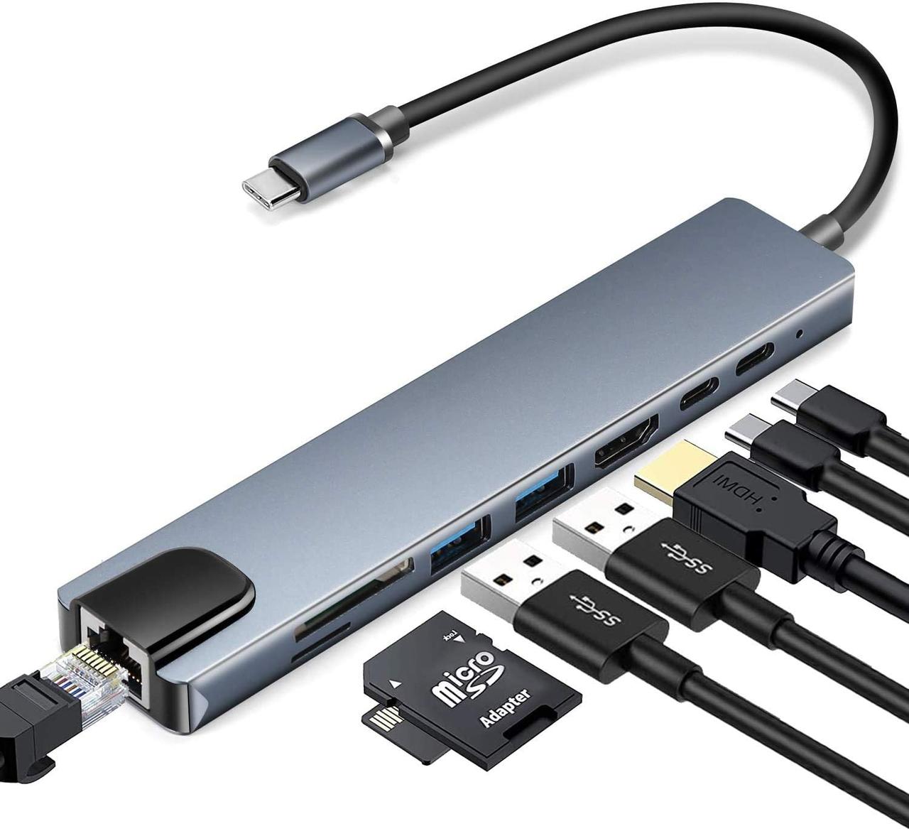 Концентратор Dellta 8-в-1 Type C USB HUB to HDMI 4K/HDTV/USB C/SD/TF/RJ45 Grey (6260)