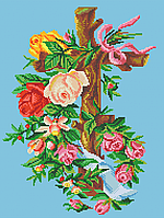 Схема полной вышивки бисером Сб-745 Крест с розами (на голубом)