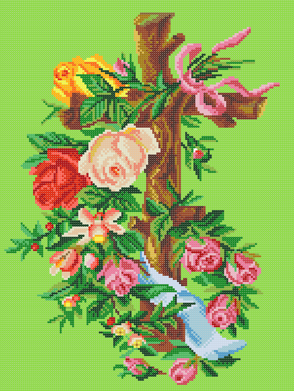 Схема повної вишивки бісером Сб-744 Хрест з трояндами (на зеленому), фото 1