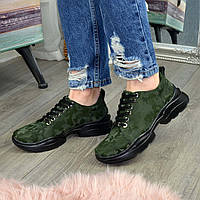 Кроссовки женские кожаные на шнуровке, цвет зеленый защитный