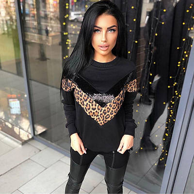 Осіння кофта під горло з паєтками леопардовою вставкою