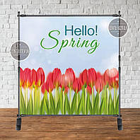 Банер 2х2м "Hello Spring" (Тюльпани) на весняне свято 8 березня - Фотозона (вініловий) (каркас окремо) -