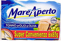 Тунец кусочками Mare Aperto Tonno all Olio di Oliva в оливковом масле упаковка 6х80 г Италия