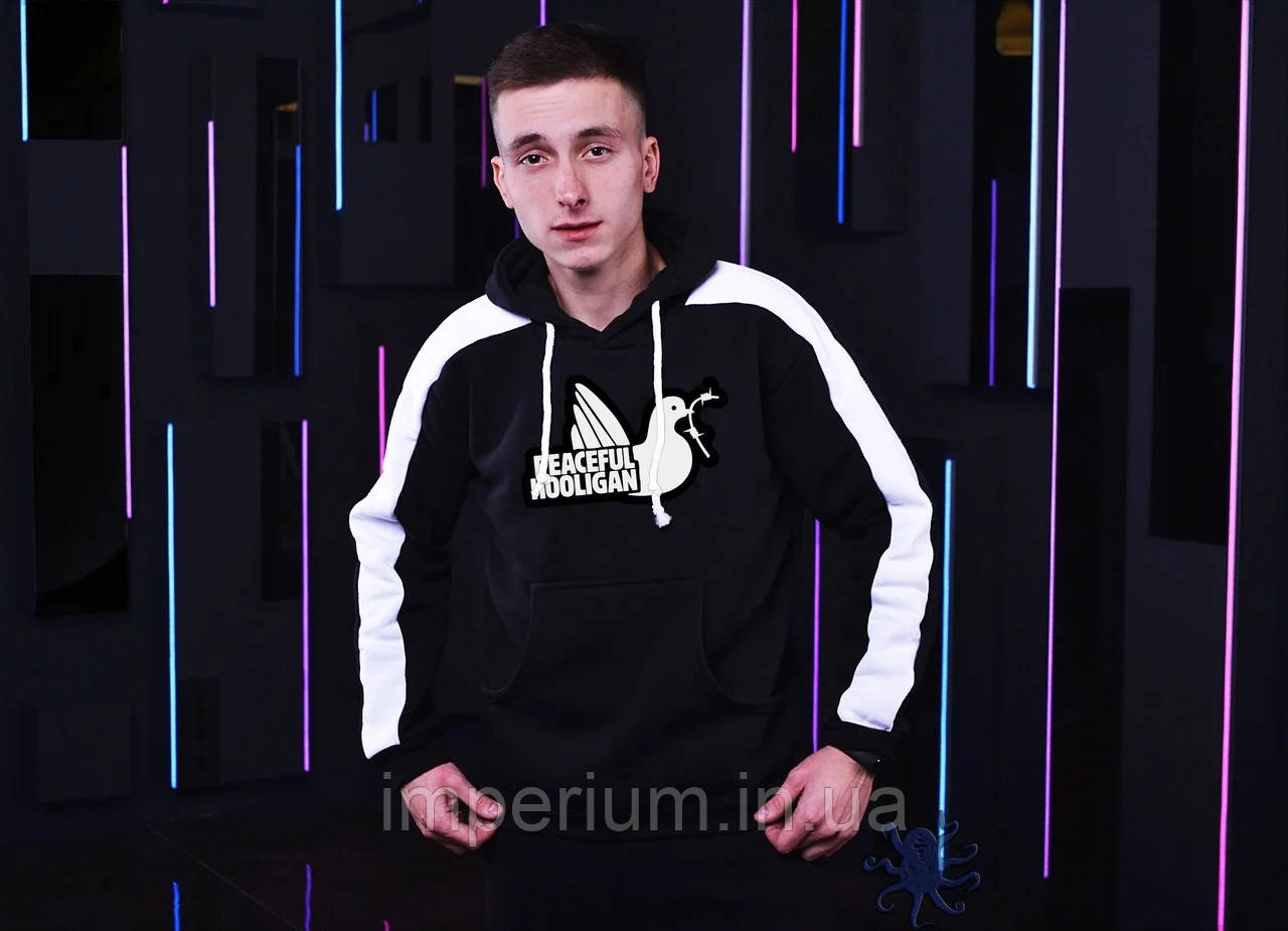 Стильне худі Peaceful Hooligan | чорна толстовка з білими лампасами
