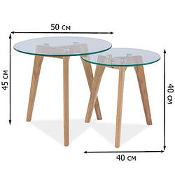 Комплект прозорих журнальних столиків круглої форми Signal Oslo S2 50х45см зі скла на дерев'яних ніжках