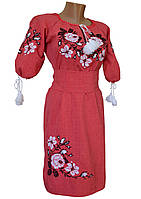 Лляне вишите плаття з рослинним орнаментом в українському стилі «Троянди» Корал
