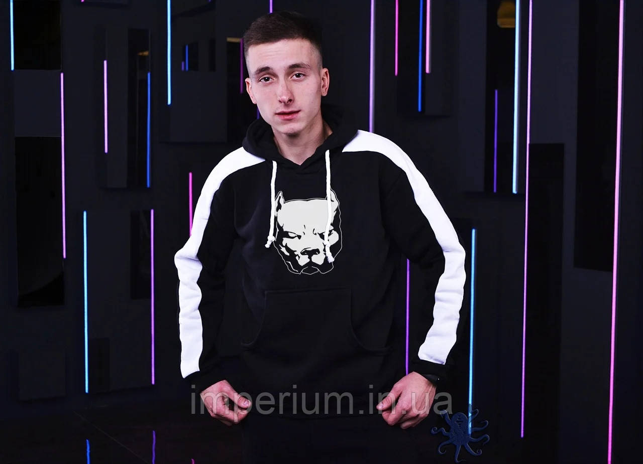 Худі pitbull logo | чорна толстовка з білими лампасами