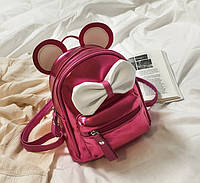 Маленький детский рюкзак Микки Маус с ушками и бантиком, мини рюкзачок для девочек блестящий с ушами Малиновый