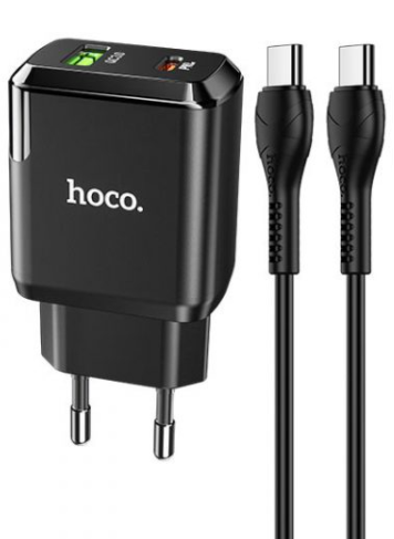 Зарядний пристрій для телефону з швидкою зарядкою + кабель Type-C HOCO N5 |2USB, 20W/3A, QC3| Чорний