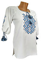 Жіноча вишиванка в білому кольорі з геометричним орнаментом «Святкова» Синій орнамент