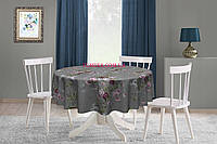 Скатерть круглая хлопок тефлоновая водоотталкивающая гидрофобная пропитка розовые бордовые цветы на сером фоне