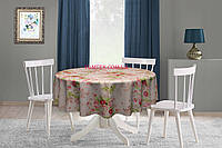 Скатерть круглая хлопок тефлоновая водоотталкивающая гидрофобная пропитка розовые красные цветы на розовом