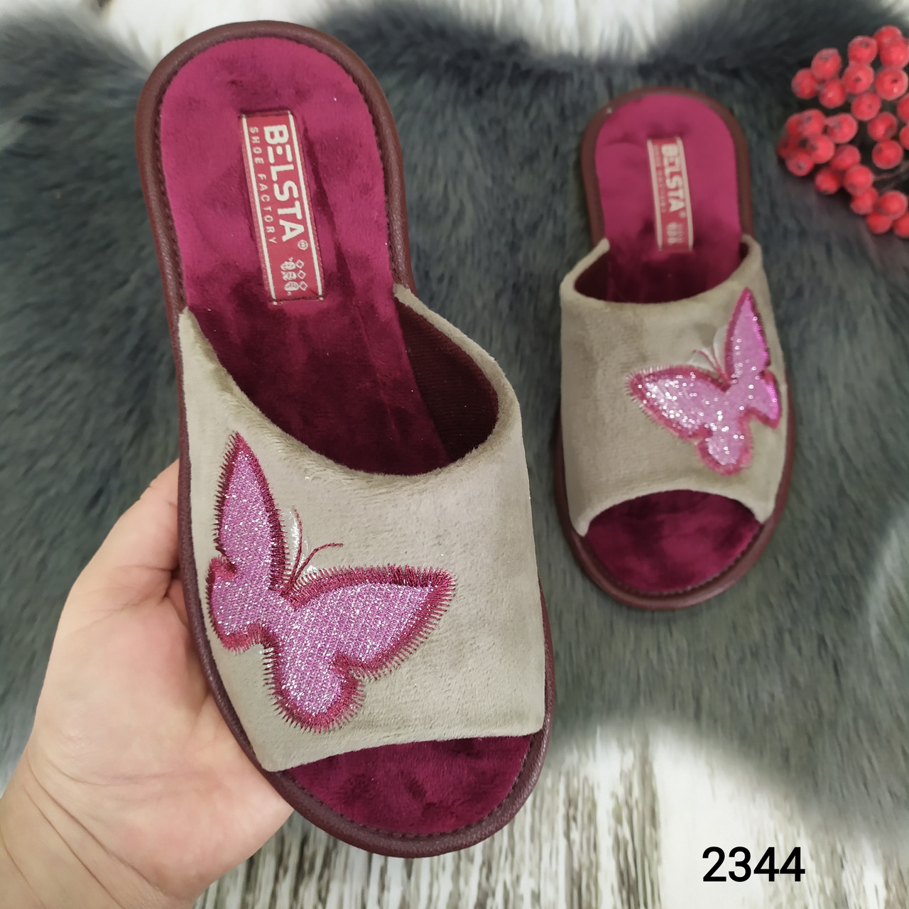 Жіночі кімнатні капці Белста з відкритим носком сірі з бордовим 2344, фото 1