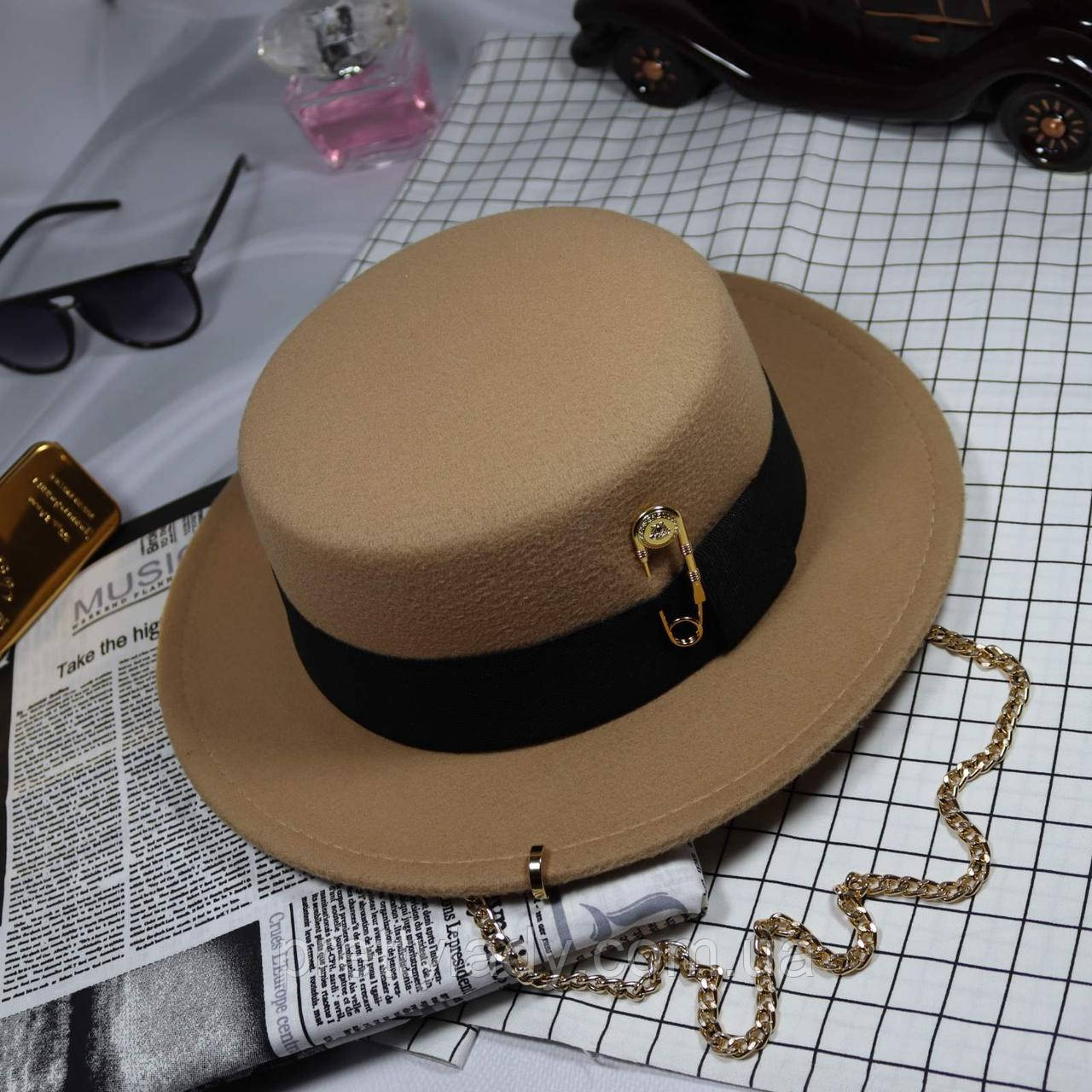 Фетровий капелюх жіночий канотьє в стилі Maison Michel з червоною стрічкою чорна, фото 1