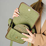 Шкіряна жіноча сумка, оливкова сумка, сумка через плече "Трипілля", фото 8