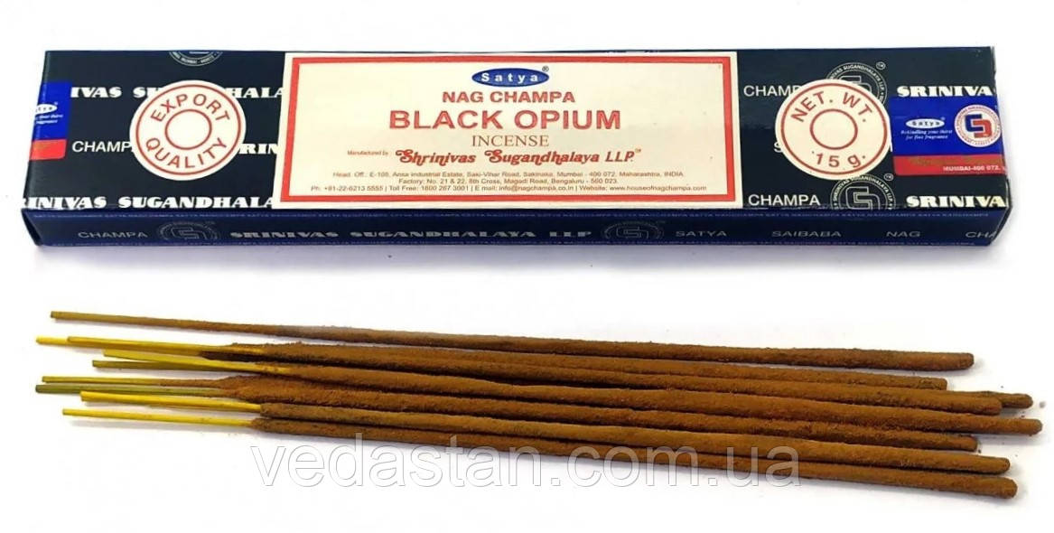 Благовонния натуральні Nag Champa Black Opium Satya, Чорний Опіум, 15г. Блек Опіум занепокоєння, нервозність