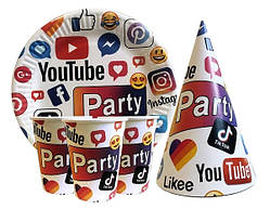 Набір дитячого одноразового посуду "Like" Соціальні мережі (Тарілки 10 шт, склянки 10 шт, ковпаки 10 шт)