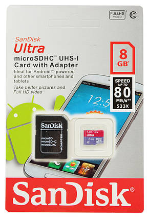 Карта пам'яті S Disk microSD HC Ultra UHS-I 8GB Class 10 + SD adapter (4508), фото 4