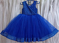 Блестящее синее нарядное детское платье-маечка с необычным лифом на 1,5-3 годика