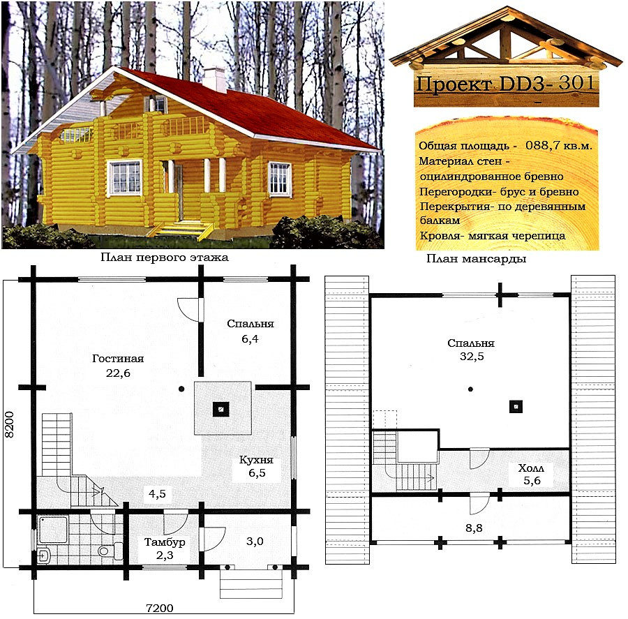Проект будинку з оциліндрованої колоди 88,7 м2. Проект будинку безкоштовно при замовленні будівництва, фото 1