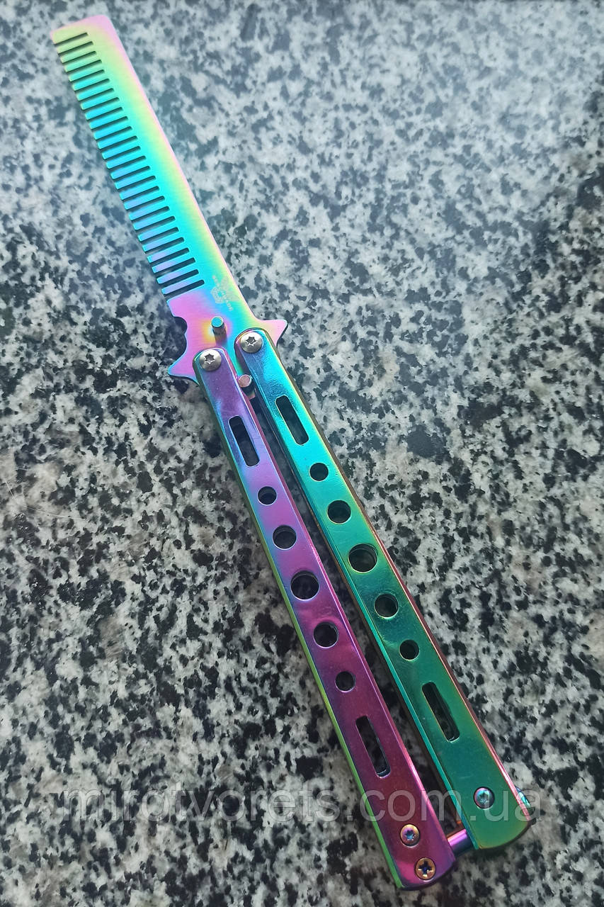 Складаний балісонг Гребінь, балисонг різнокольоровий градієнт \ метелик Гребінець хамелеон, фіксатор, фото 1