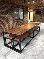 Стол обеденный с лавками Loft Classic из металла и дерева, Лофт "Викинг"