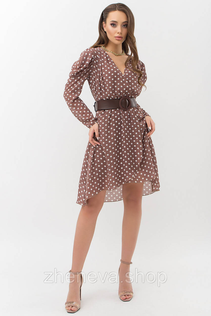 Шифонове капучино, кофейне жіноче плаття в горошок, розмір S/M/L/XL, фото 1