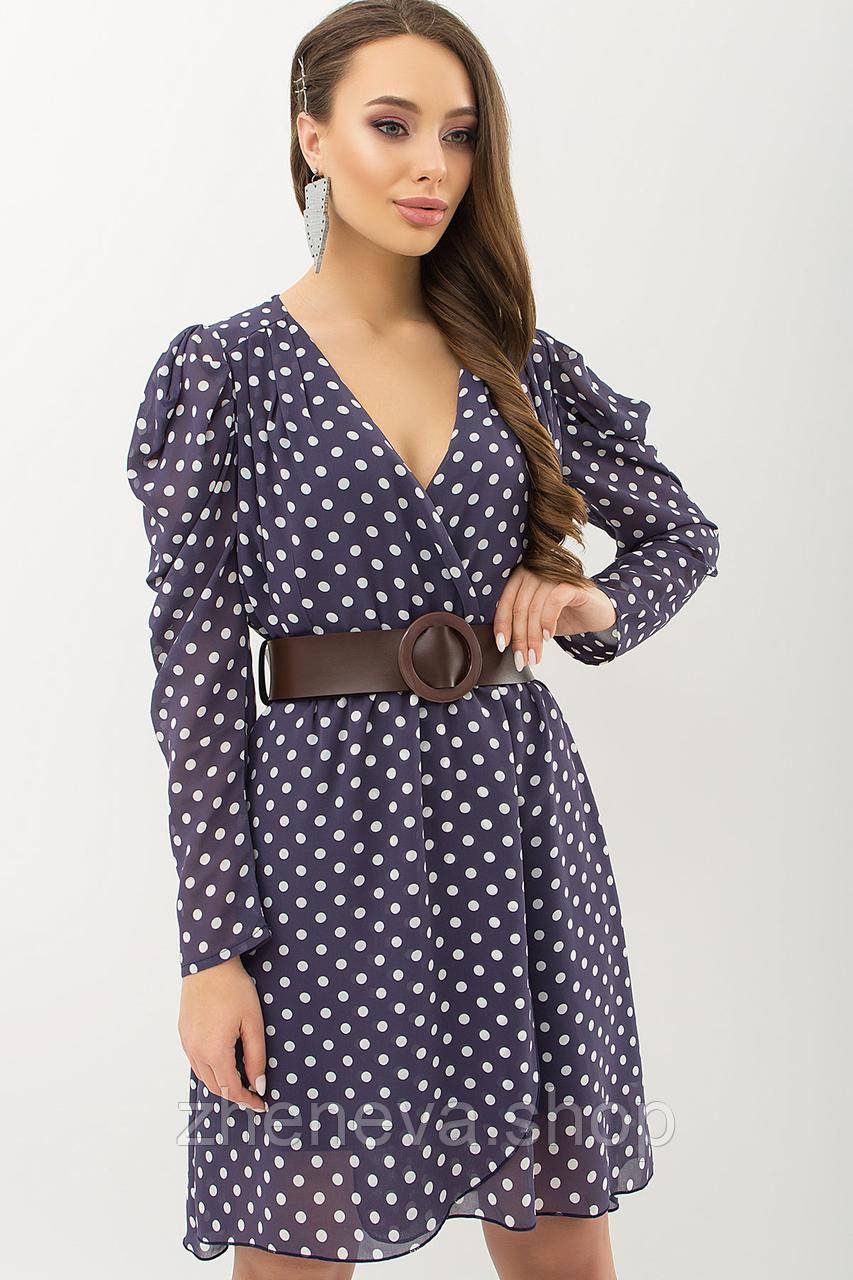 Шифонове синє жіноче молодіжне плаття в горошок, розмір S/L/XL, фото 1
