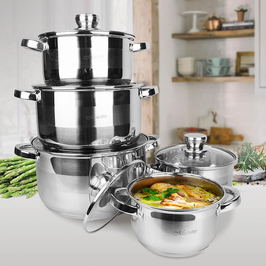 Набір 5-и каструль з нержавіючої сталі для індукції і газу (1.5, 2, 3, 5, 6 л.), фото 1