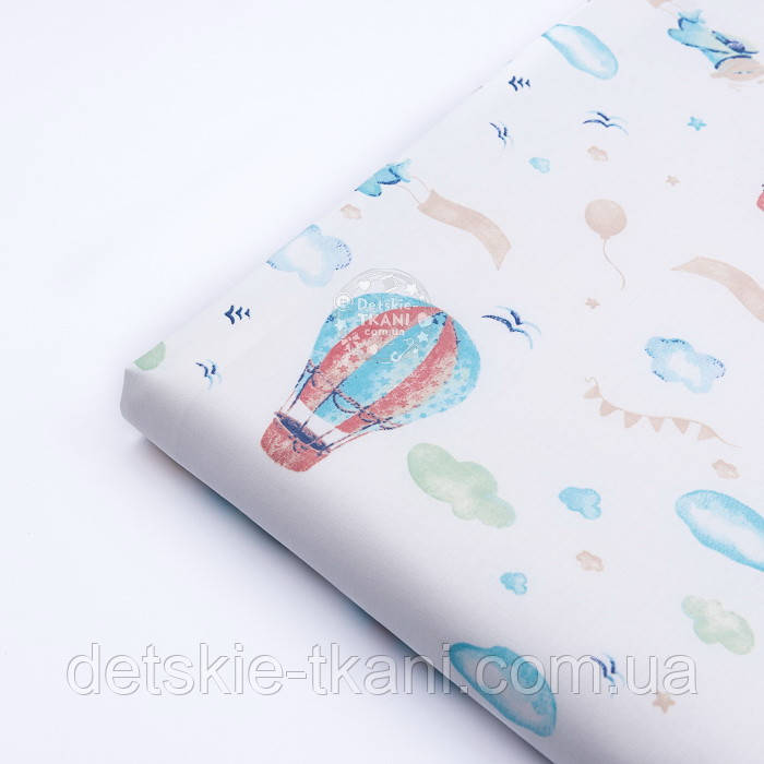 Відріз ранфорсу "Повітряні кулі та літаки" бежево-блакитні, (№3256), розмір 70*240 см, фото 1