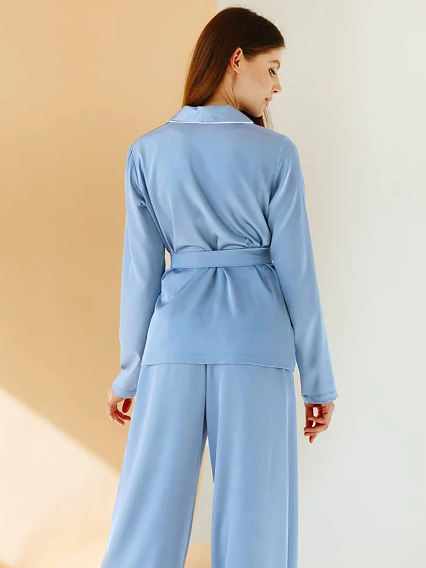 Пижама женская атласная с поясом. Комплект шелковый для дома, сна с длинным рукавом, р. S (голубой) - фото 4 - id-p1361073982