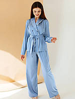 Пижама женская атласная с поясом. Комплект шелковый для дома, сна с длинным рукавом, р. S (голубой)