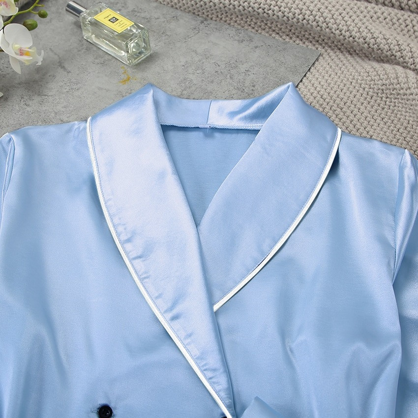 Пижама женская атласная с поясом. Комплект шелковый для дома, сна с длинным рукавом, р. S (голубой) - фото 9 - id-p1361073982