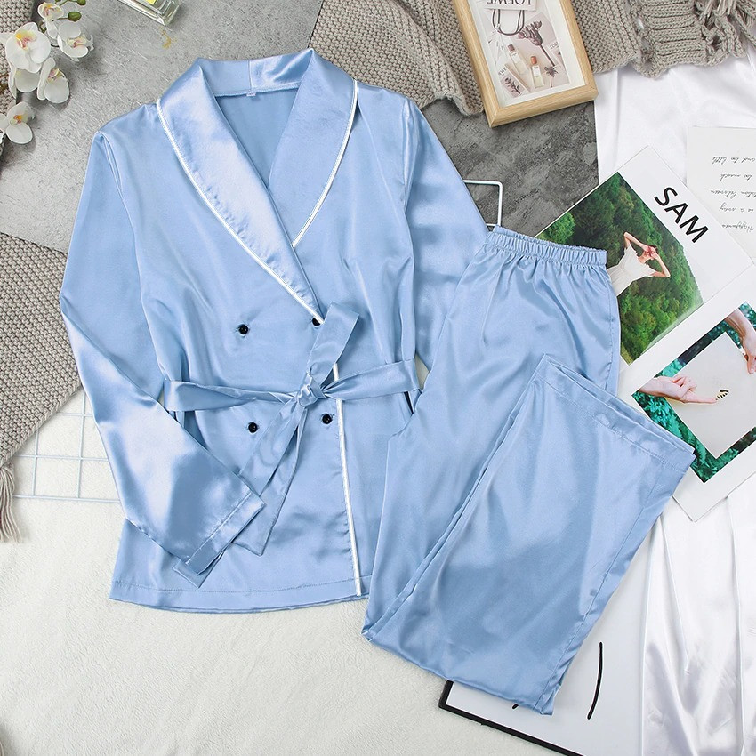 Пижама женская атласная с поясом. Комплект шелковый для дома, сна с длинным рукавом, р. S (голубой) - фото 2 - id-p1361073982
