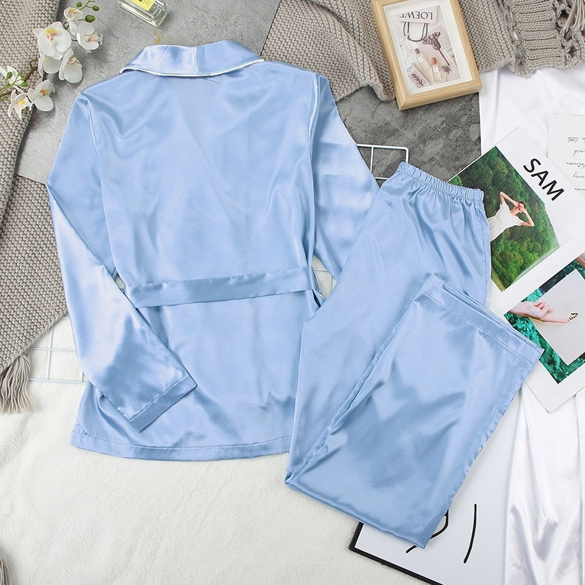 Пижама женская атласная с поясом. Комплект шелковый для дома, сна с длинным рукавом, р. S (голубой) - фото 5 - id-p1361073982