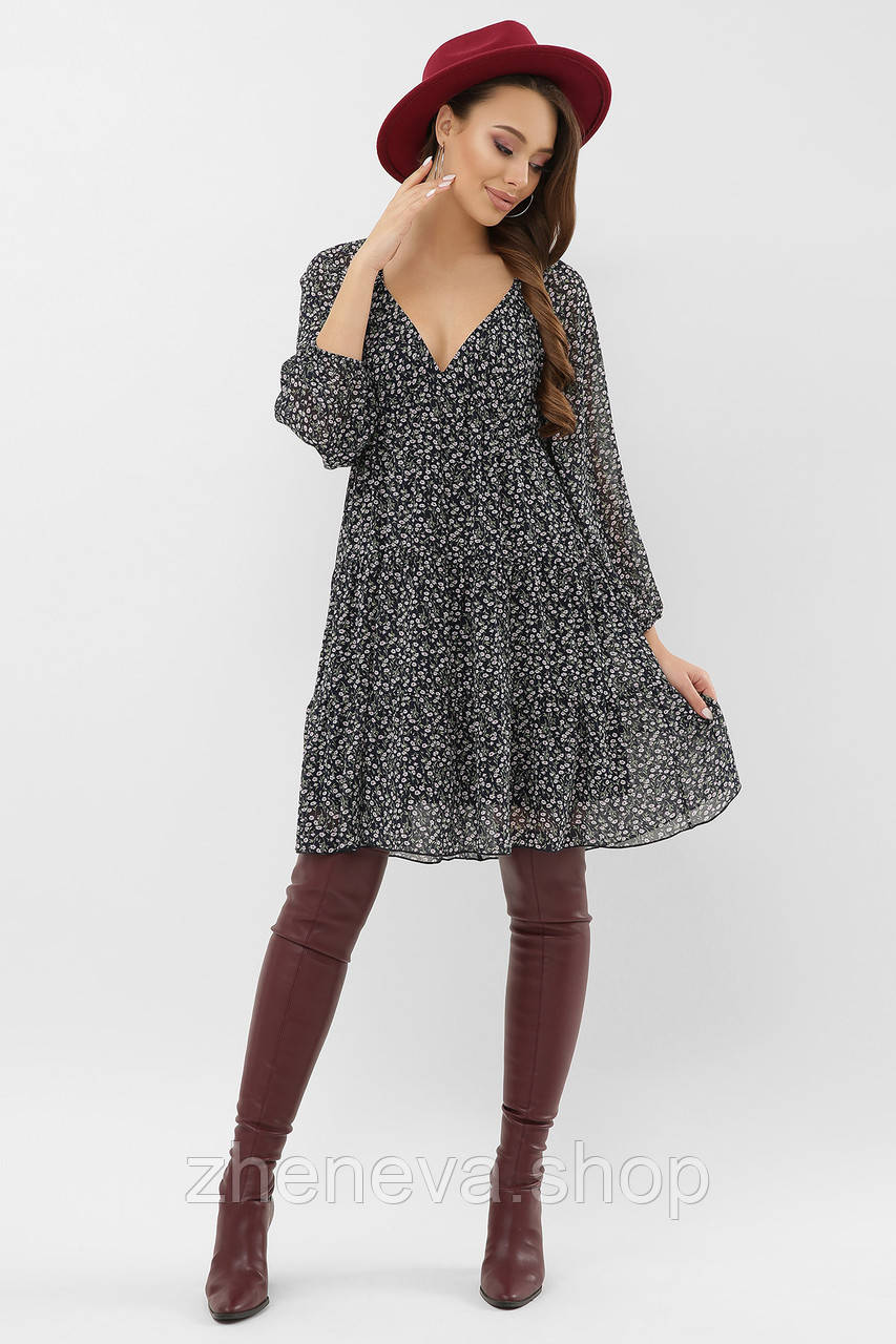 Коротке стильне сине плаття в квіточку, размеры S/M/L/XL, фото 1