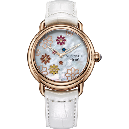 Годинники наручні жіночі Aerowatch 44960 RO16 кварцові на білому ремінці, перламутровий циферблат в кольорах