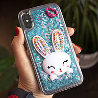 Чехол Glitter для Iphone X бампер жидкий блеск Заяц Синий