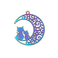 Подвеска Полумесяц + Коты, Луна, Кошки, Нержавеющая сталь, Цвет: Фиолетовый перелив, 22 мм x 20 мм